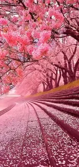 Cherry blossom pathway with pink sakura trees in full bloom.