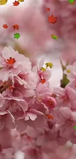 Cherry blossoms with autumn leaves falling elegantly.