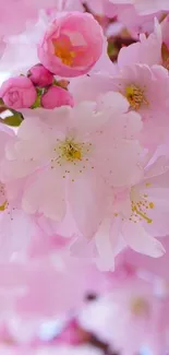 Delicate cherry blossoms in full bloom with soft pink petals.