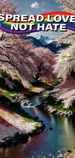 Cherry blossom river with 'Spread Love, Not Hate' text.