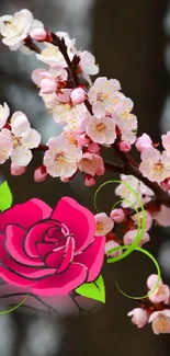 Cherry blossom and vibrant rose illustration wallpaper for mobile.