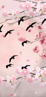 Mobile wallpaper with cherry blossom and birds in a serene light pink setting.