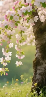 Cherry blossom tree in serene meadow.