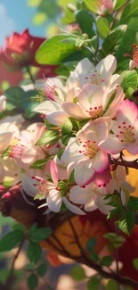 Cherry blossoms with leaves against a blue sky in a mobile wallpaper.