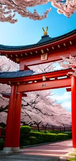 Serene cherry blossom shrine with red gate.