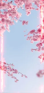 Cherry blossom branches with blue sky background, featuring pink floral accents.