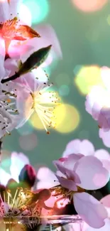 Pink cherry blossoms with a sparkling bokeh background.