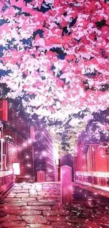 Vibrant pink cherry blossoms over a serene street at night.