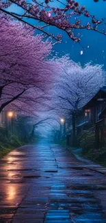 Cherry blossom street at night with vibrant blue hues.