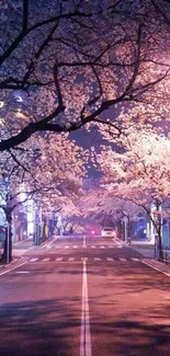 Nighttime street with cherry blossoms and warm pink lighting.