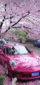 Red sports car under cherry blossom trees with pink petals.