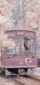 Pastel train surrounded by cherry blossoms on a scenic route.