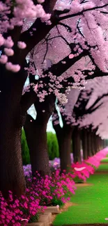 Pathway lined with cherry blossom trees and vibrant pink blooms.