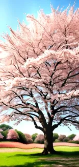 Pink cherry blossom tree in full bloom under a clear blue sky.