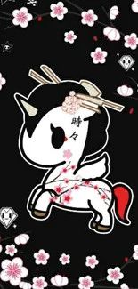 Cute unicorn with cherry blossoms on a black background.