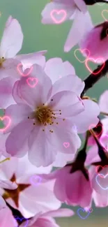 Cherry blossoms with glowing neon hearts overlay.