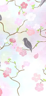 Cherry blossom branches with birds and a pastel background.