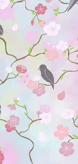 Wallpaper with cherry blossoms and birds on branches.