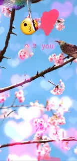 Cherry blossoms wallpaper with birds and playful emoji on blue sky background.