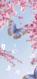 Mobile wallpaper with cherry blossoms and butterflies.