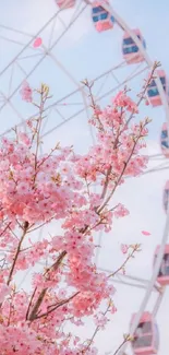 Cherry blossoms with Ferris wheel and pink sky.