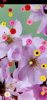 Cherry blossoms with colorful petals on a green background, perfect for phone screens.