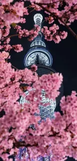 Cherry blossoms framing a lit tower at night.