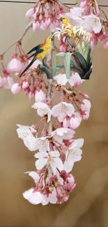 Cherry blossom branch with colorful birds on a beige background.