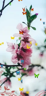 Cherry blossoms with butterflies on a light blue background.