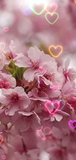 Cherry blossoms with heart overlays on a pink background.