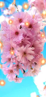 Pink cherry blossoms with glowing star effects against a blue sky.