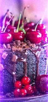 Delicious chocolate cake topped with cherries and chocolate shavings.