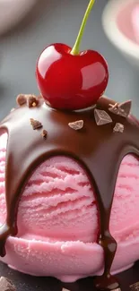 Close-up of cherry-topped chocolate ice cream.