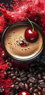 Cherry atop coffee with red powder shot