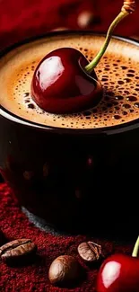 A cup of coffee with a cherry on top, set against a burgundy background.