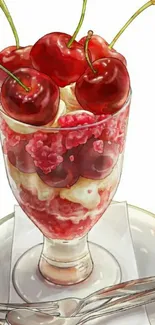 Artistic cherry parfait in glass cup wallpaper.