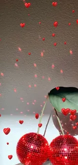 Cherry disco balls casting vibrant red light on walls.