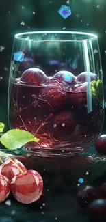 Artistic glass of cherries with a fantasy background in surreal hues.