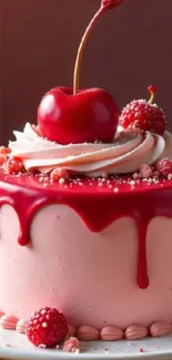 Cherry drip cake with cream and berries on top.