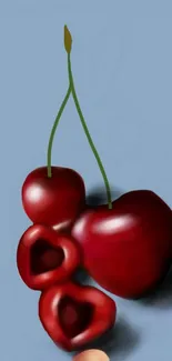 Cherry heart art on blue-gray background mobile wallpaper.