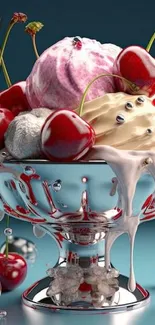 Ice cream bowl with cherries and cream.