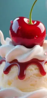Cherry topped ice cream with creamy swirls.