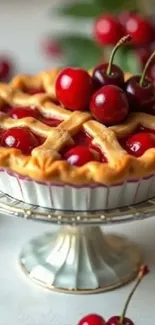 Cherry pie with golden crust on a stand.