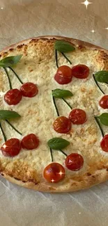 Pizza with cherry tomatoes and basil on parchment.