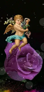 Cherub sitting on a purple rose with a dark mystical background.