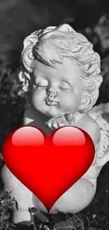 Cherubic statue with a red heart mobile wallpaper.