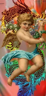 Cherubic angel with floral, dragon-inspired design on vibrant background.