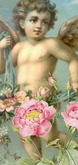 Cherubic angel with pink roses in a soft, pastel-colored wallpaper.