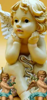 Cherubic figurines with wings on golden background.