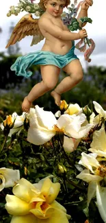 Cherub with flowers in vibrant garden scene.